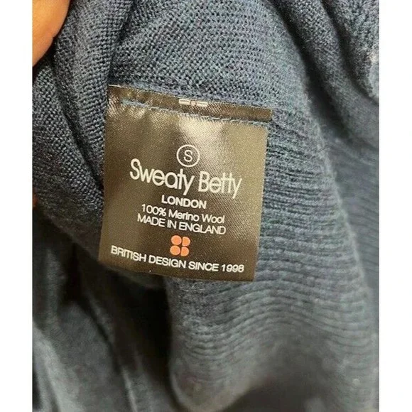 Sweaty Betty Alpine Navy Merino Wool Knit Tunic Jumper Mock Neck England Made S - Picture 8 of 10